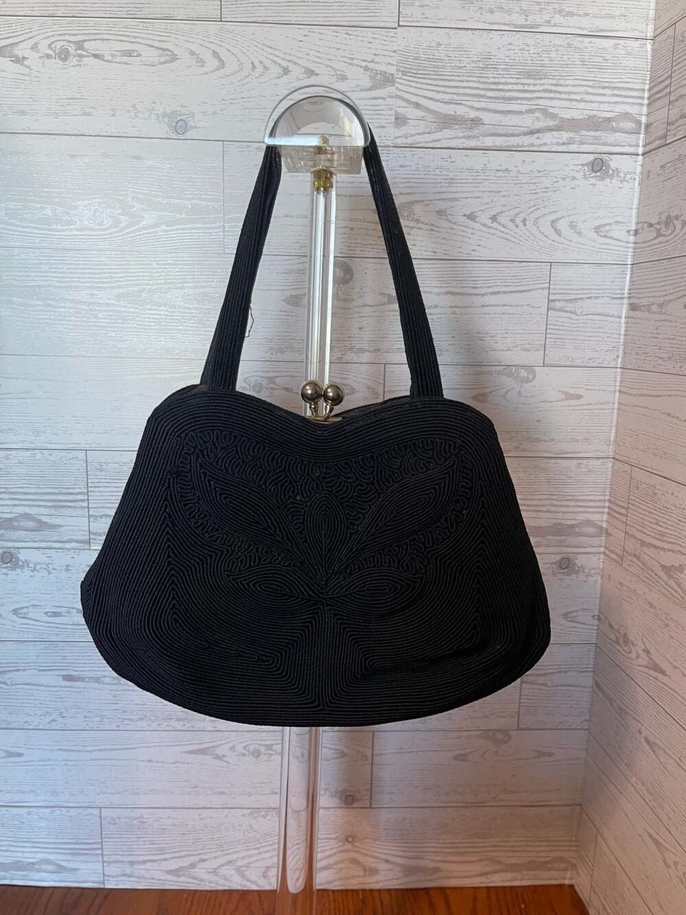 Vintage 1940s Black Corde Handbag with Brass Frame